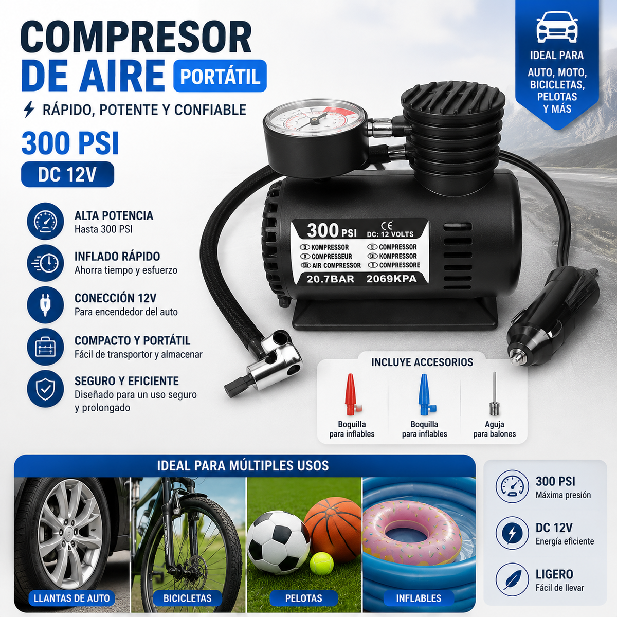 AirGo compresor de aire portátil 300PSI